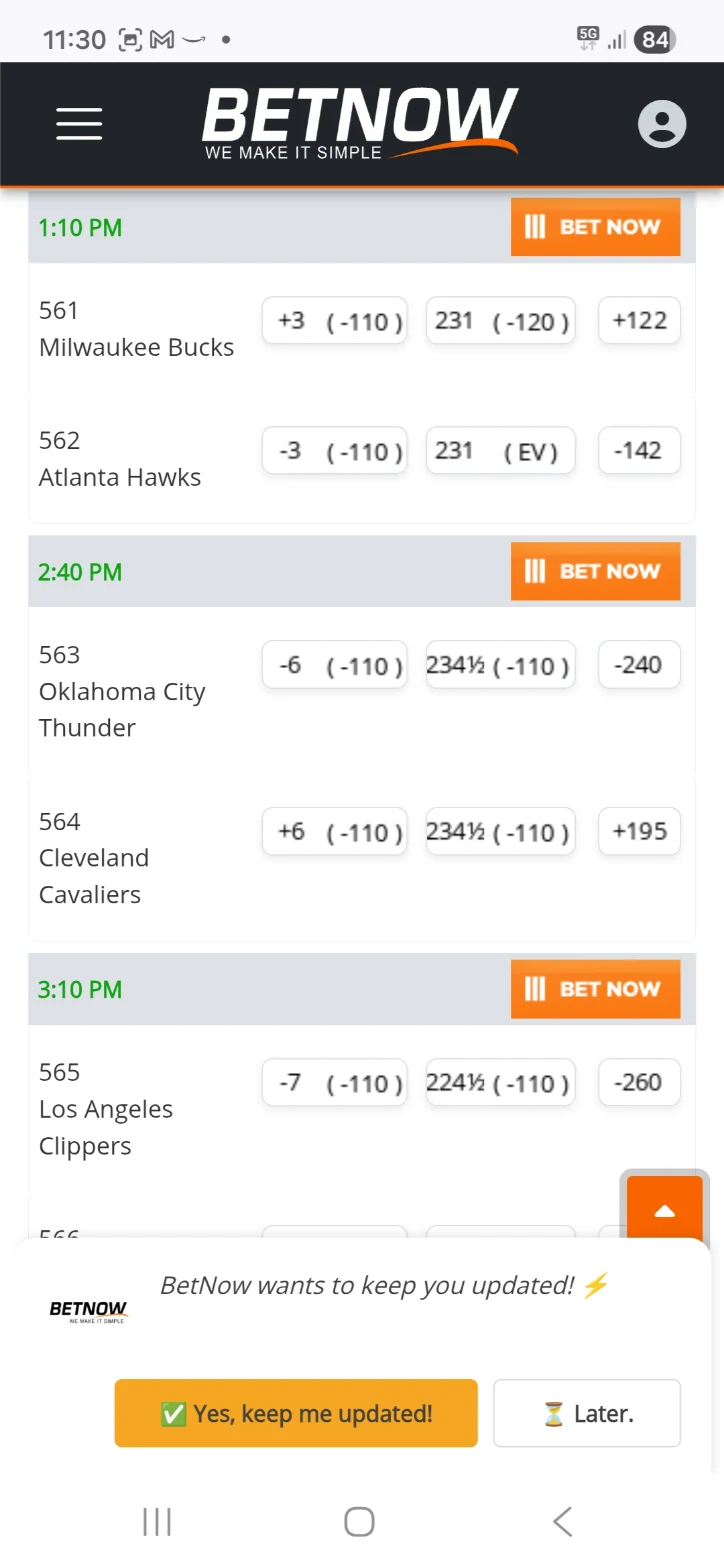 BetNow Mobile Interface