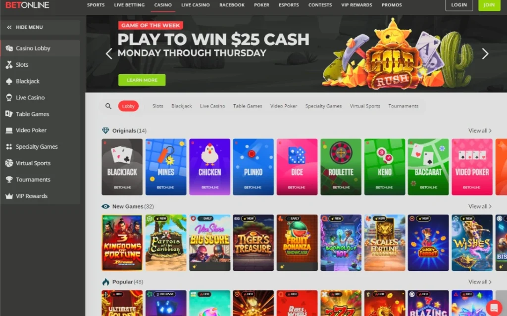 BetOnline casino lobby