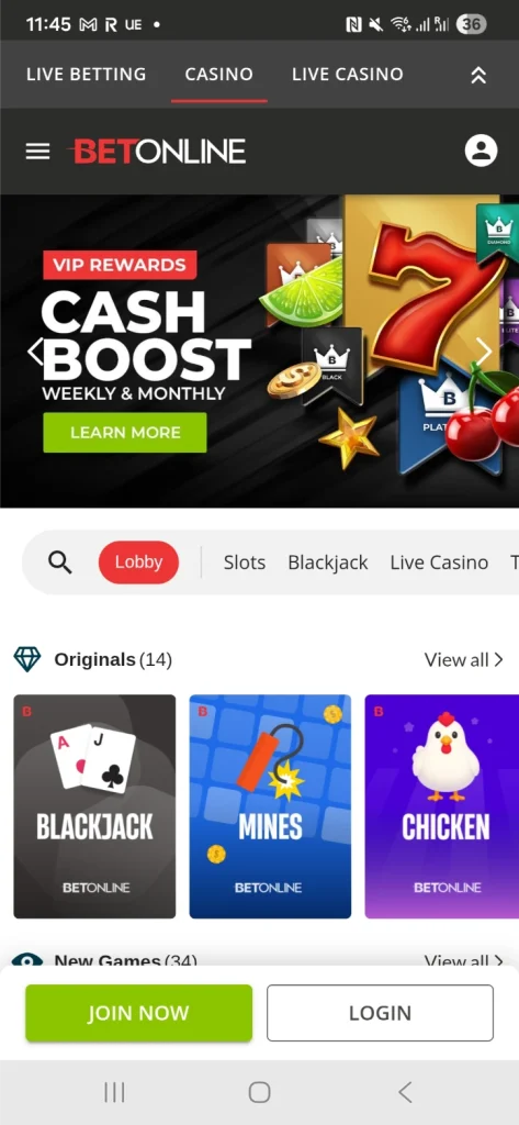 BetOnline casino lobby on a phone