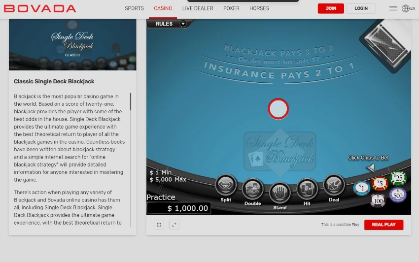 bovada single deck balckjack