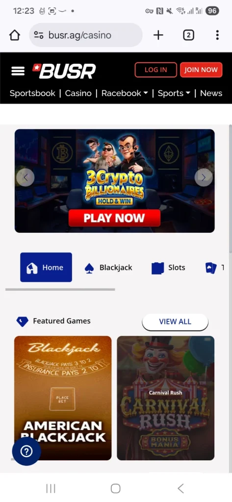 BUSR casino lobby on a phone
