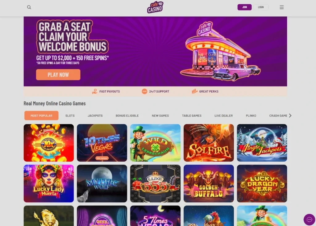 Cafe Casino home page on desktop and phone
