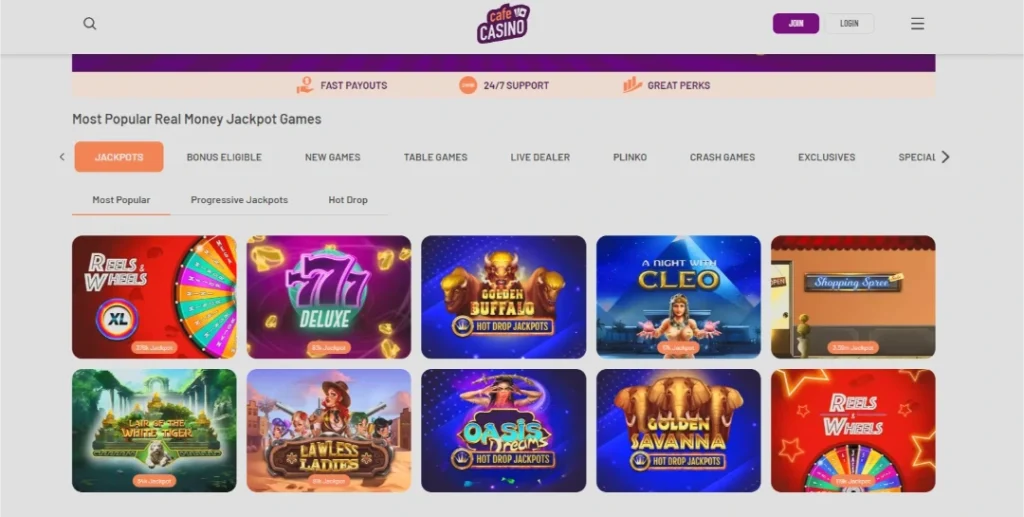 Cafe Casino Hot Drop Jackpots lobby
