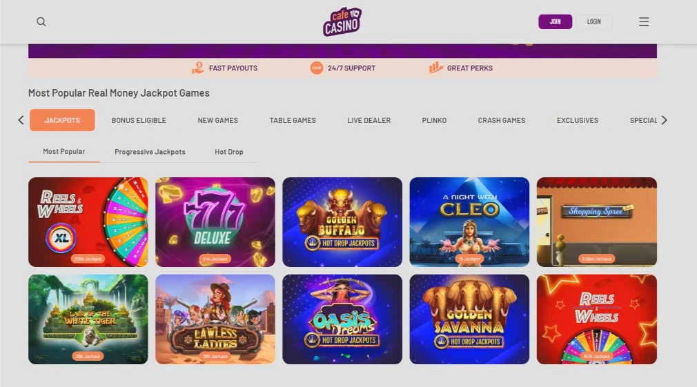 Cafe Casino Hot Drop Interface