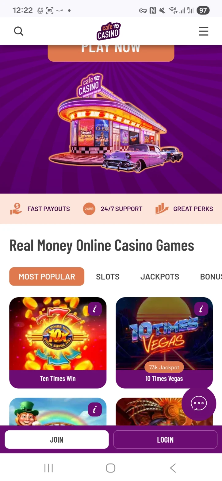 Cafe Casino App Interface