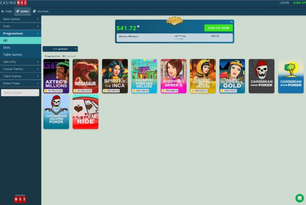 Casino Max progressive jackpot games