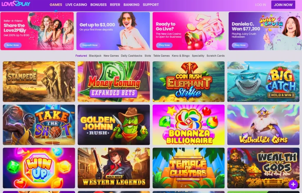 Love2Play lobby on desktop and phone