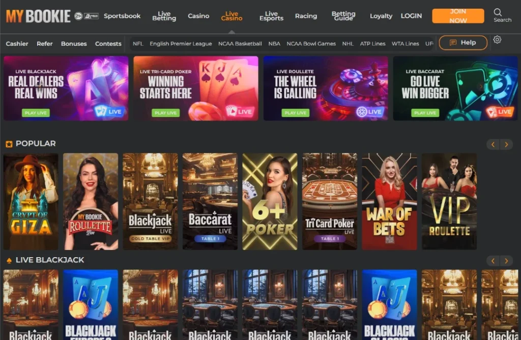 MyBookie live casino lobby