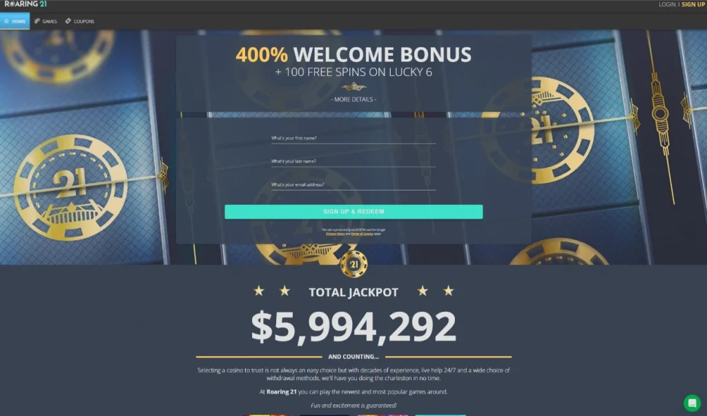 Roaring 21 home page on desktop and phone