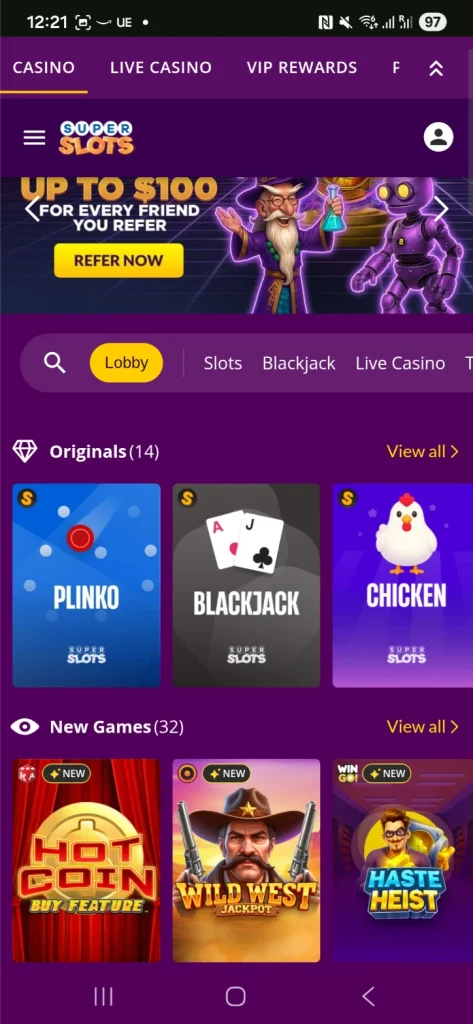 Super Slots casino lobby on a phone
