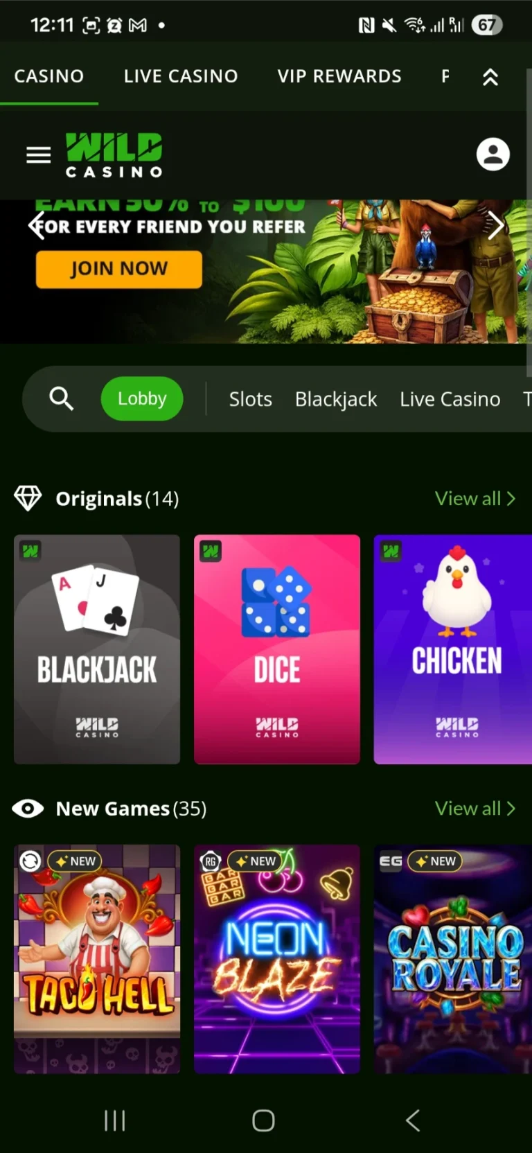 Wild Casino lobby on desktop and phone on a phone