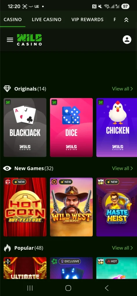 Wild Casino casino lobby on a phone