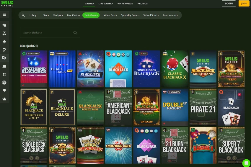 Wild Casino table games