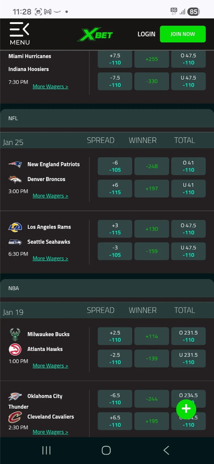 XBet Mobile Interface