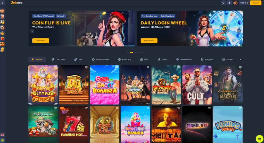 SpinHub casino lobby on desktop and phone
